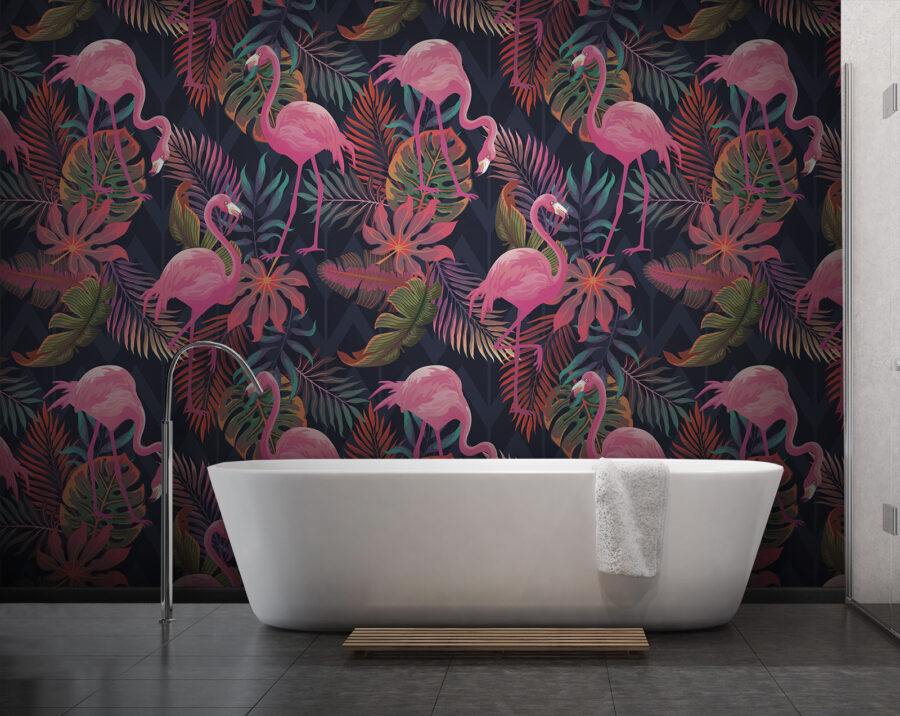 Un model de flamingo roz și frunze