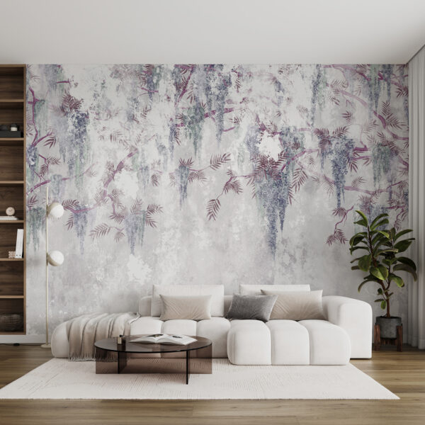 A white wall with purple flowers