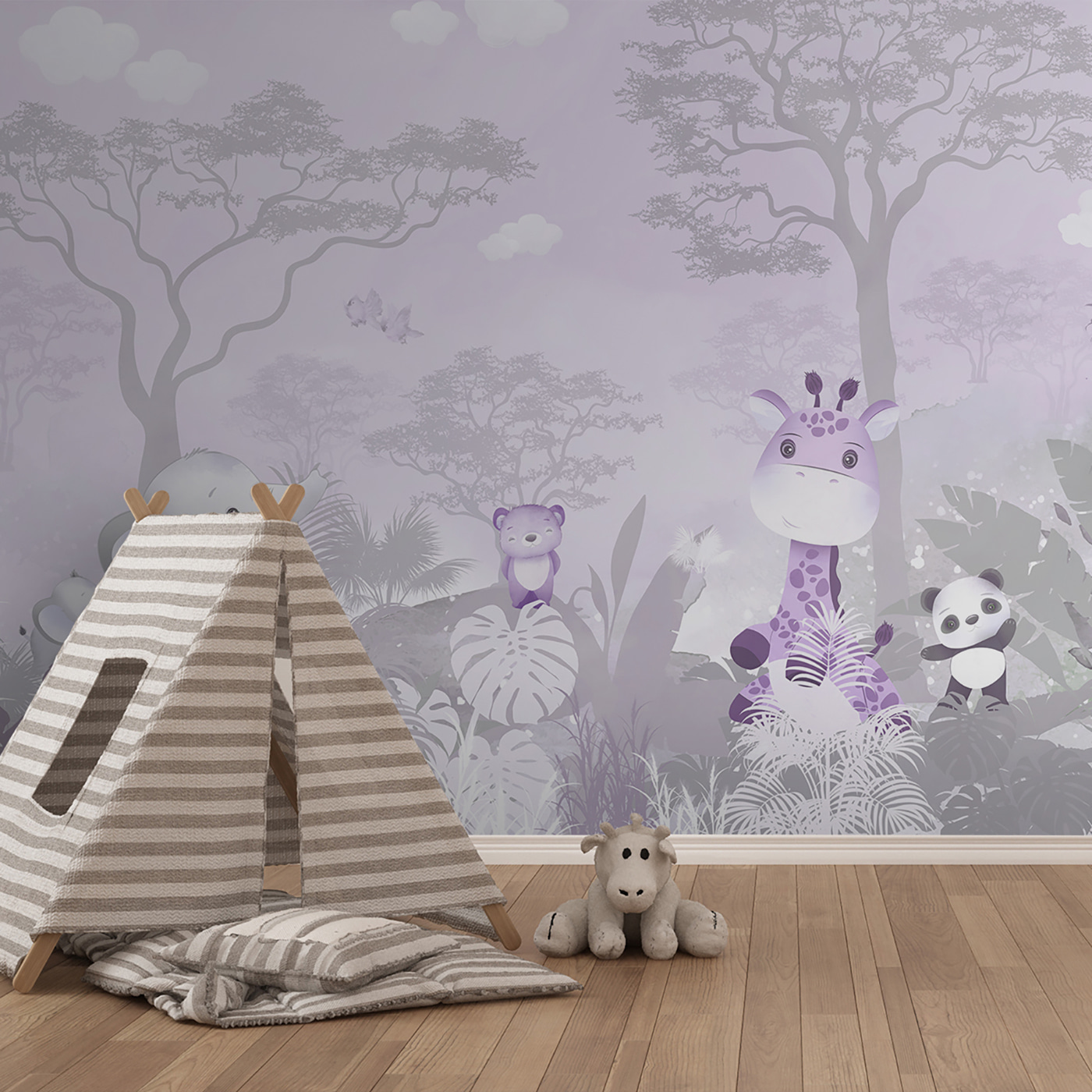 A purple and white background with animals