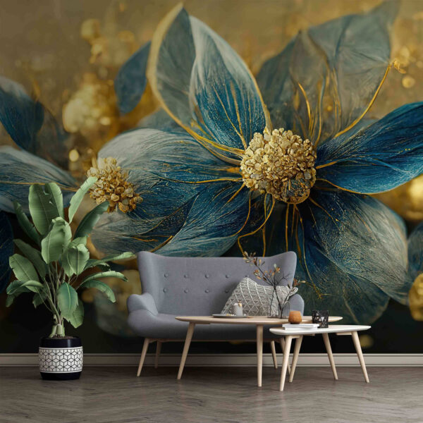 Frunze albastre elegante și flori delicate Frunze albastre elegante și flori delicate