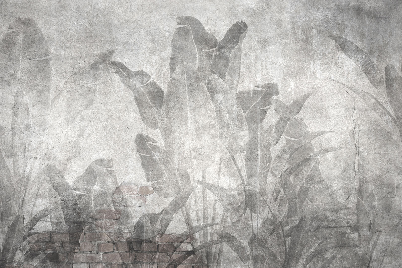 Grey wall with leaves and a brick wall