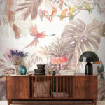 Fototapet Grup de păsări pe o ramură înconjurat de plante tropicale