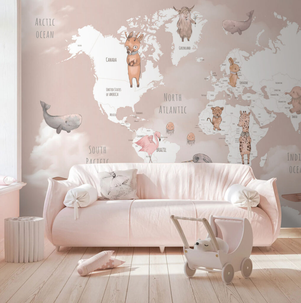 Map of the world with animals