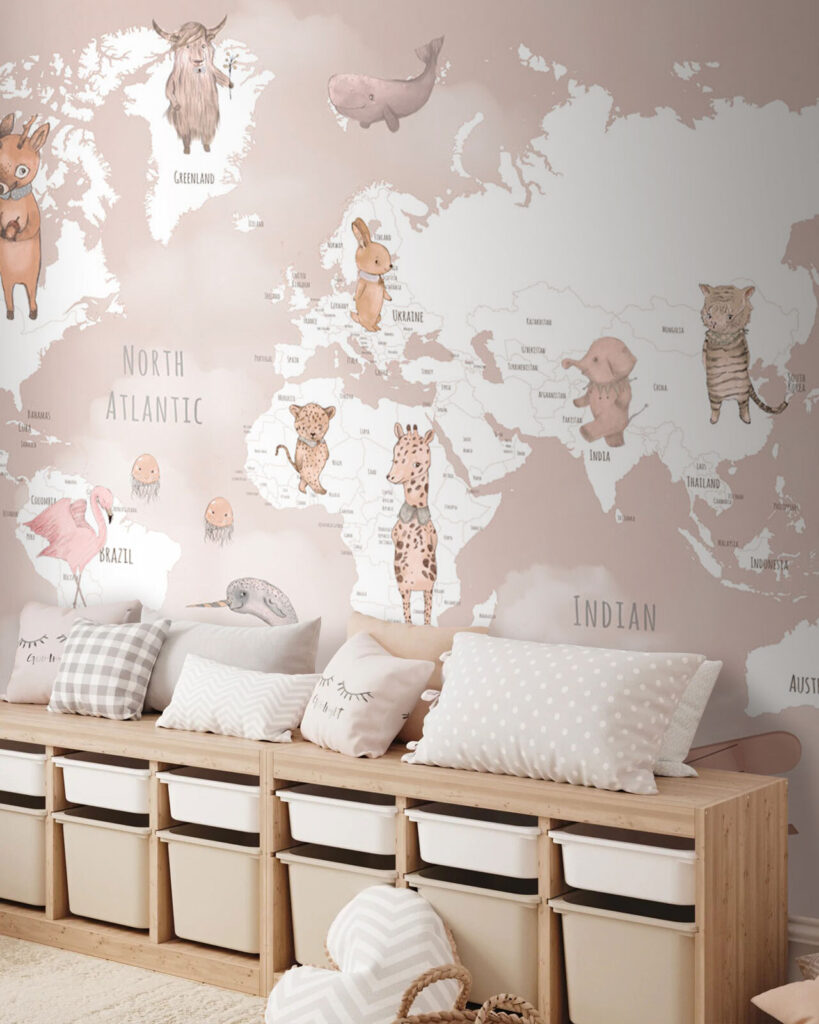 Map of the world with animals