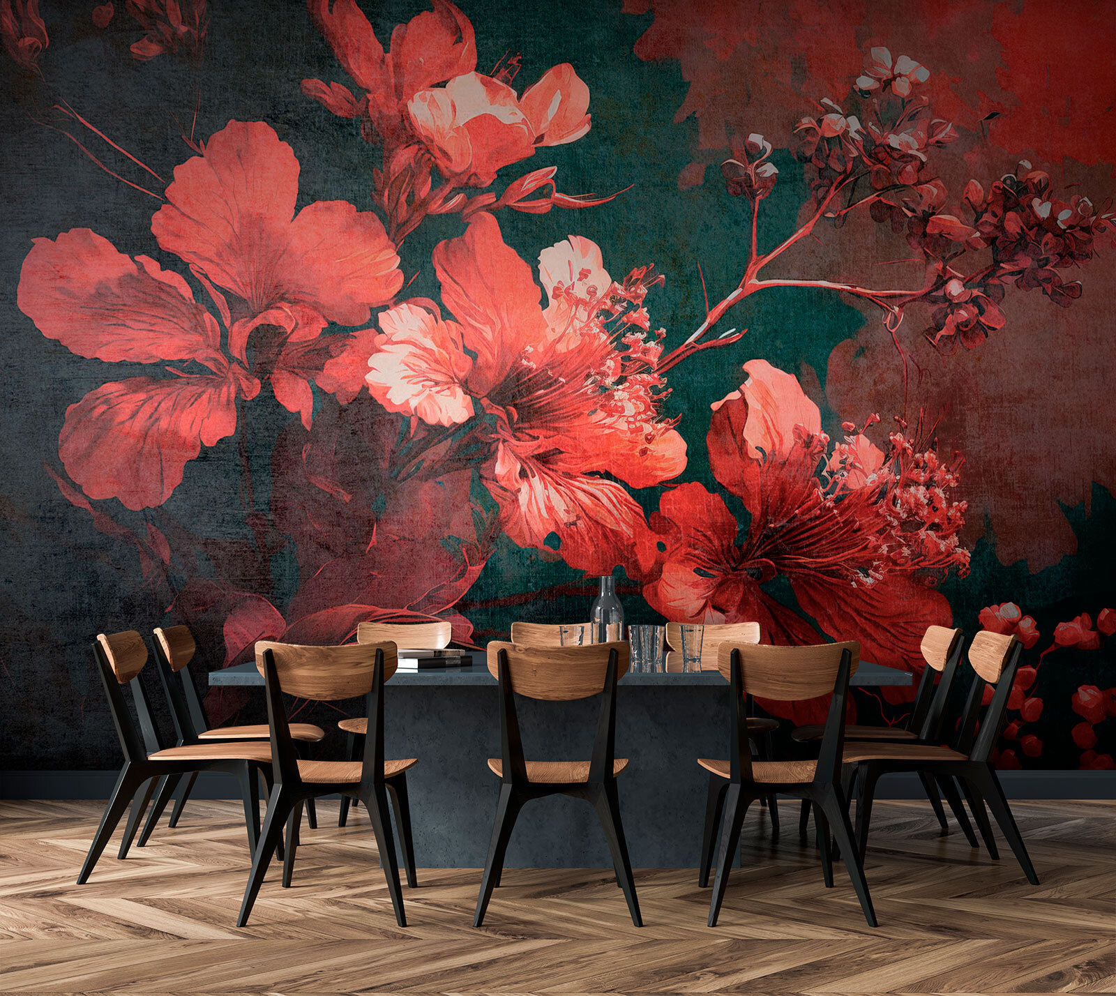 Vibrant blossoms amid dark foliage