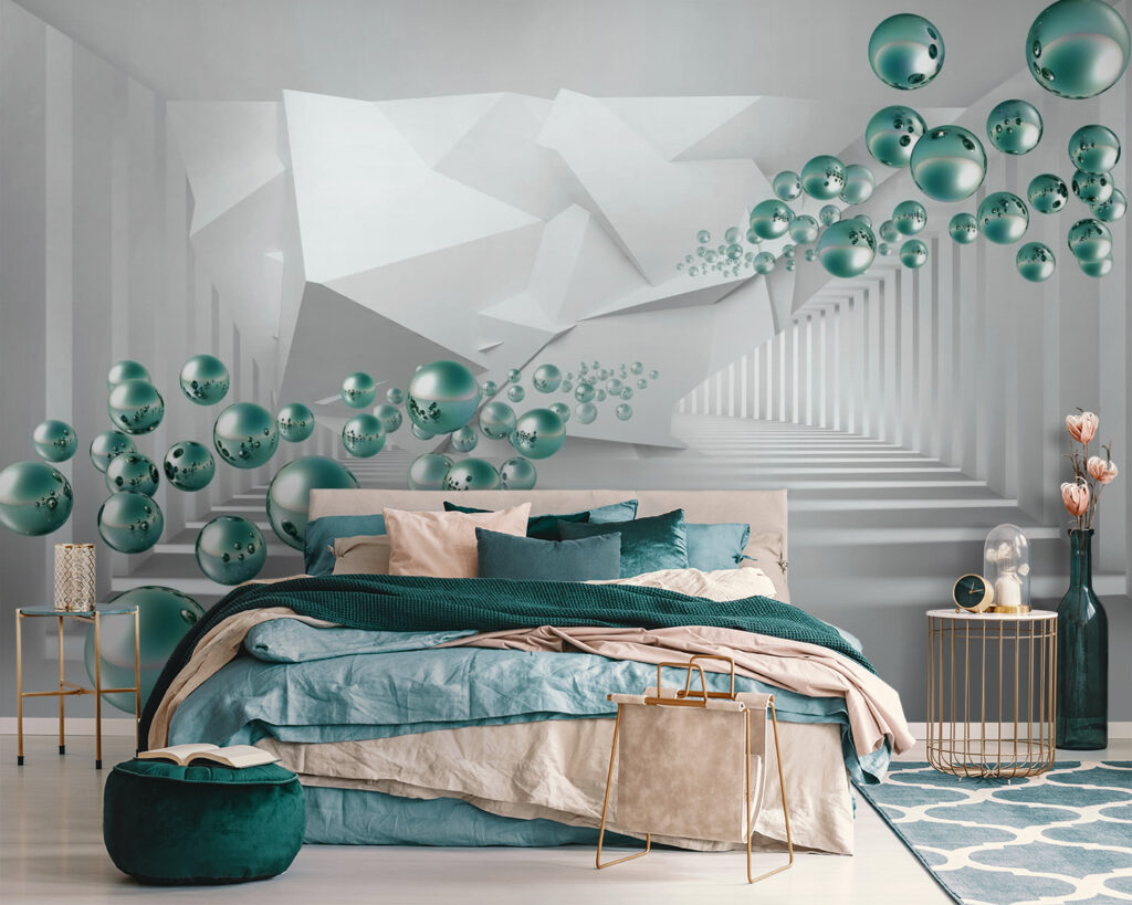 White room with white walls and white columns and green balls White room with white walls and white columns and green balls