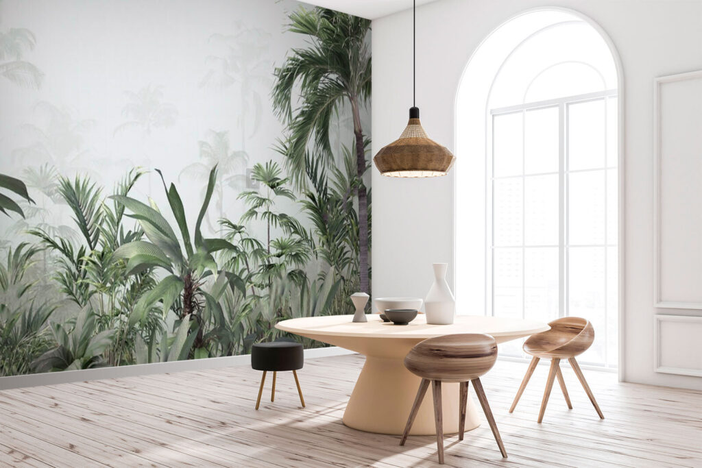 Group of plants in a foggy forest