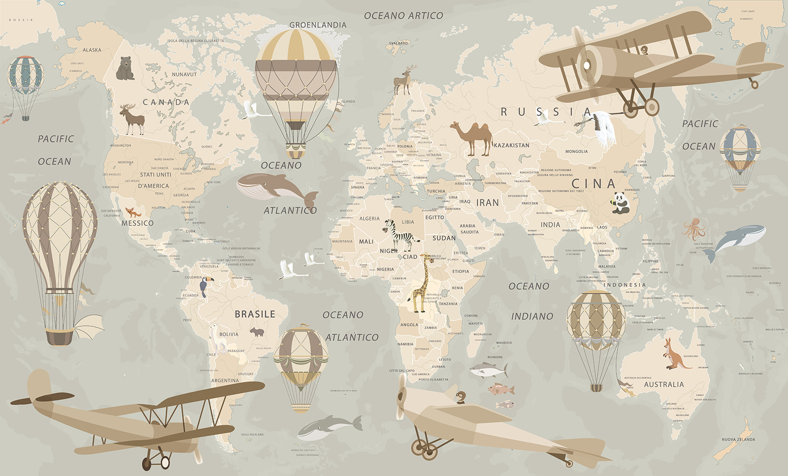 Map of the world with airplanes and hot air balloons