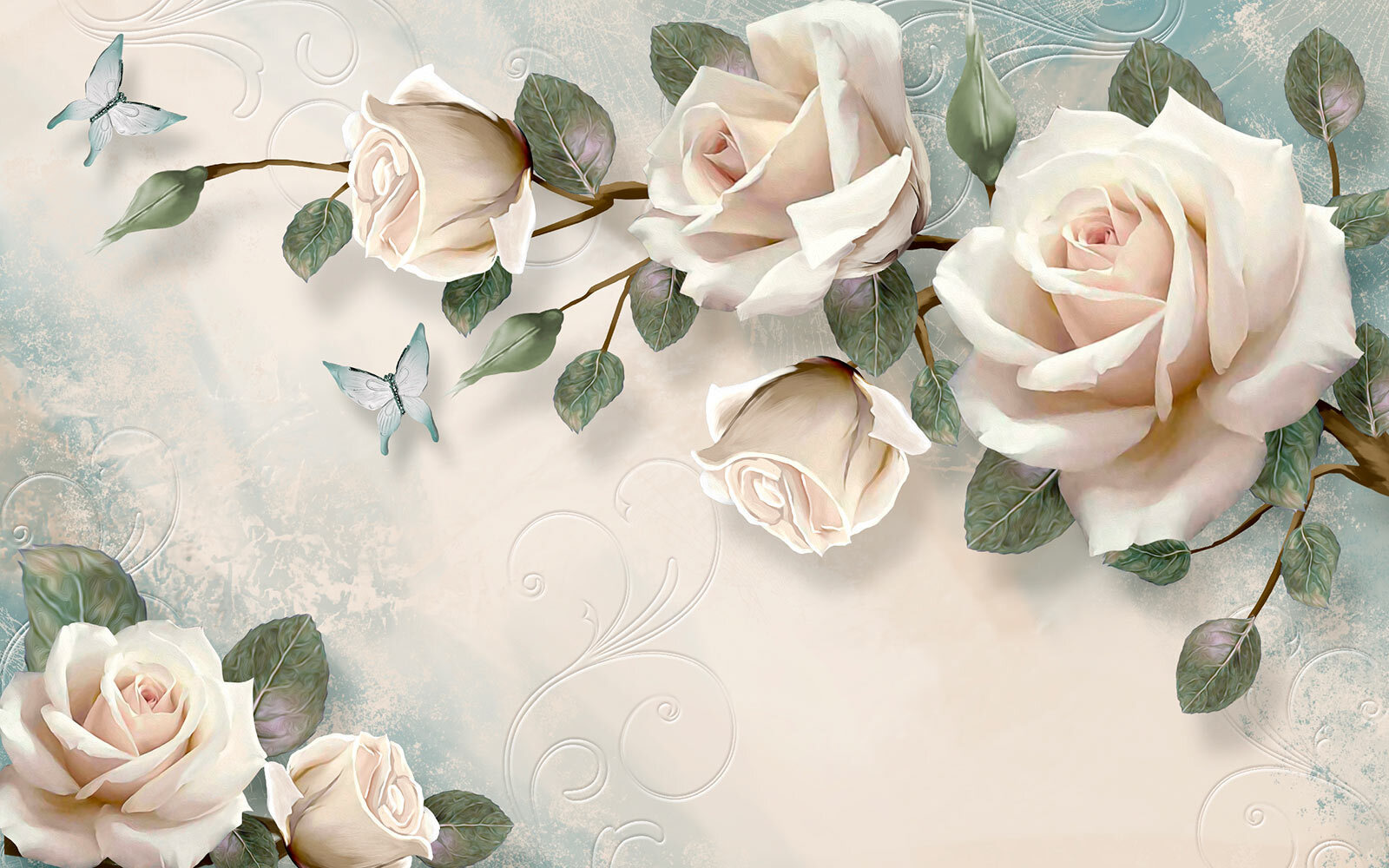 Delicate roses and butterflies in harmony