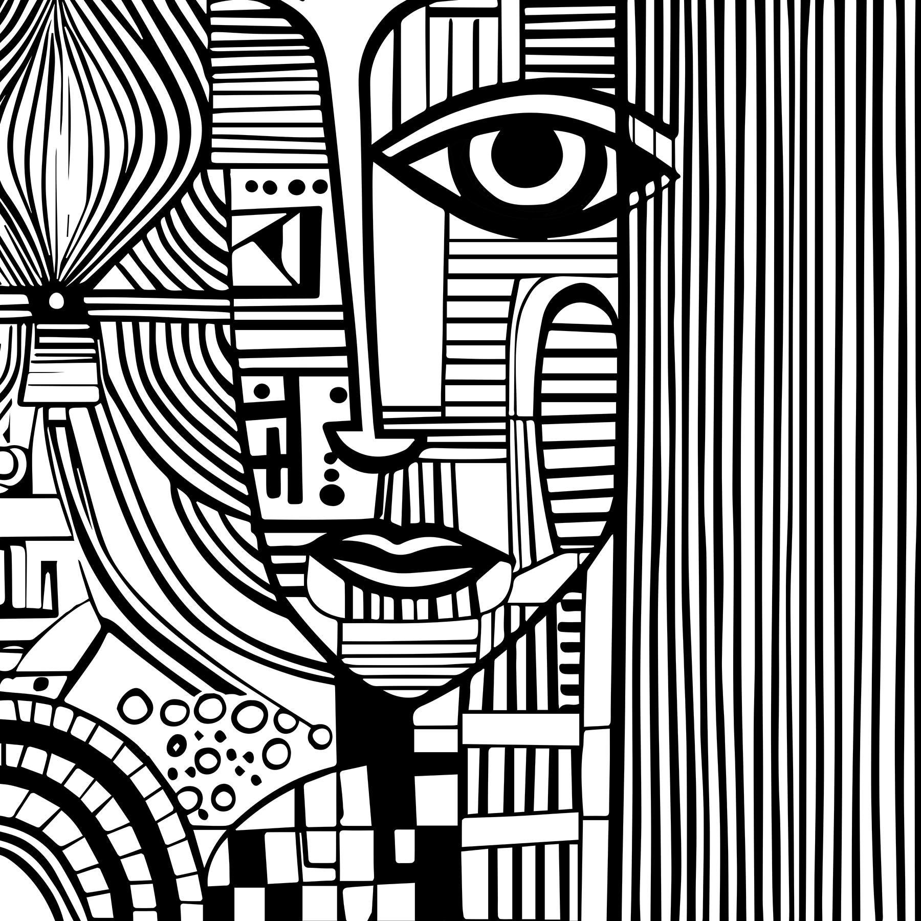 A black and white drawing of a woman's face