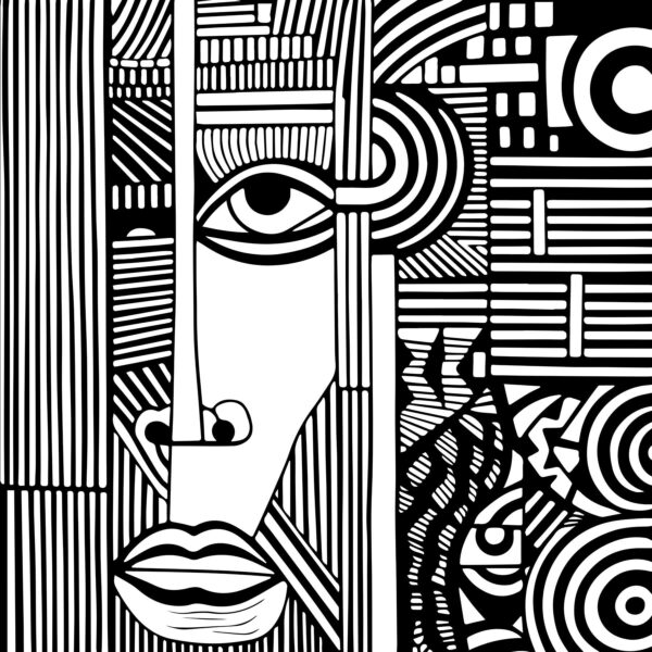 A black and white drawing of a face