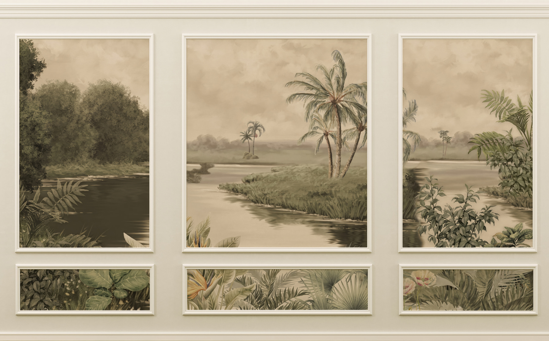 A wall with a painting of trees and a river