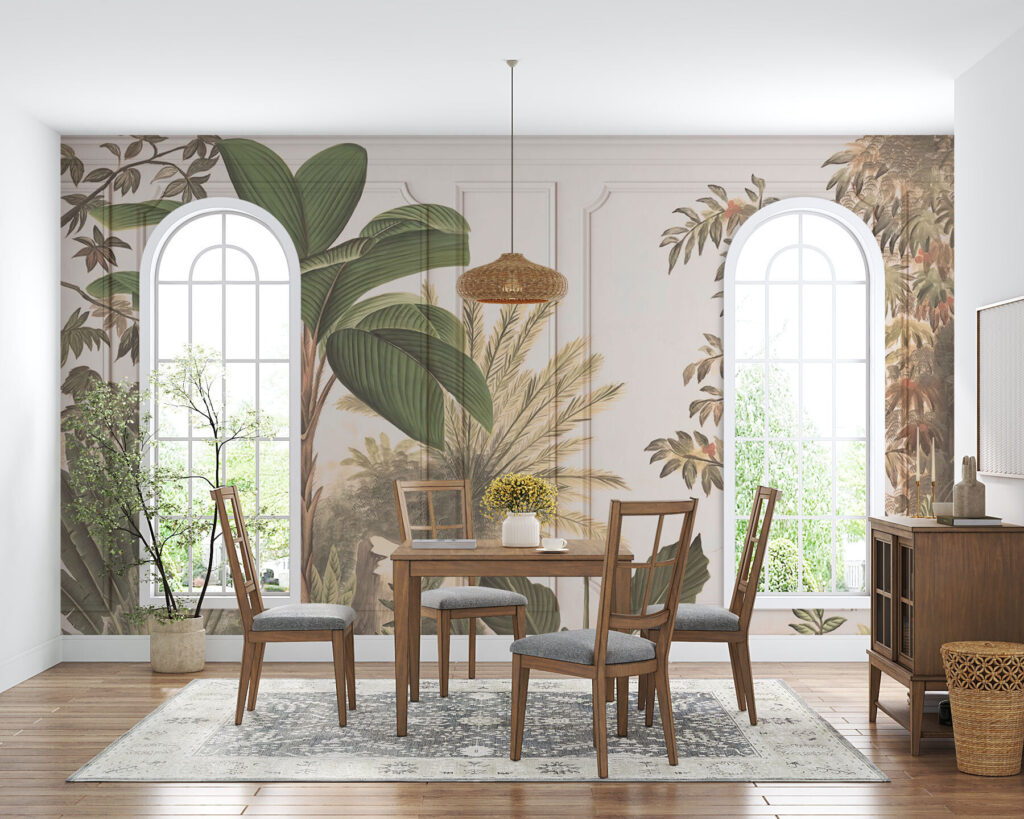 A wallpaper with a painting of trees and plants