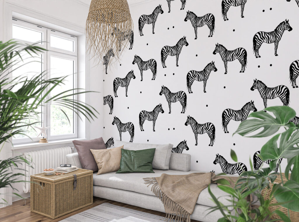 A pattern of zebras on a white background