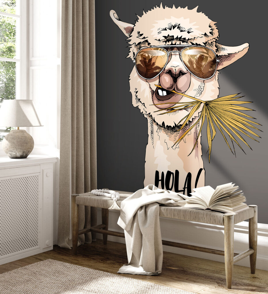 A llama wearing sunglasses and eating a leaf