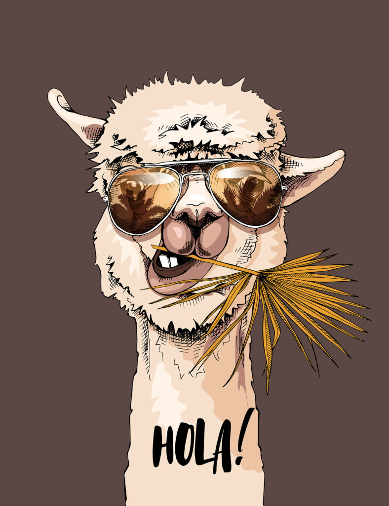 A llama wearing sunglasses and eating a palm leaf A llama wearing sunglasses and eating a palm leaf