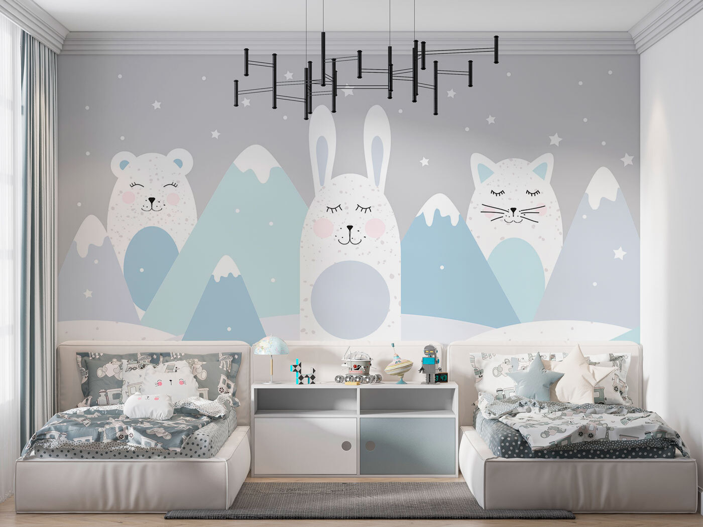 A group of animals in a snowy landscape