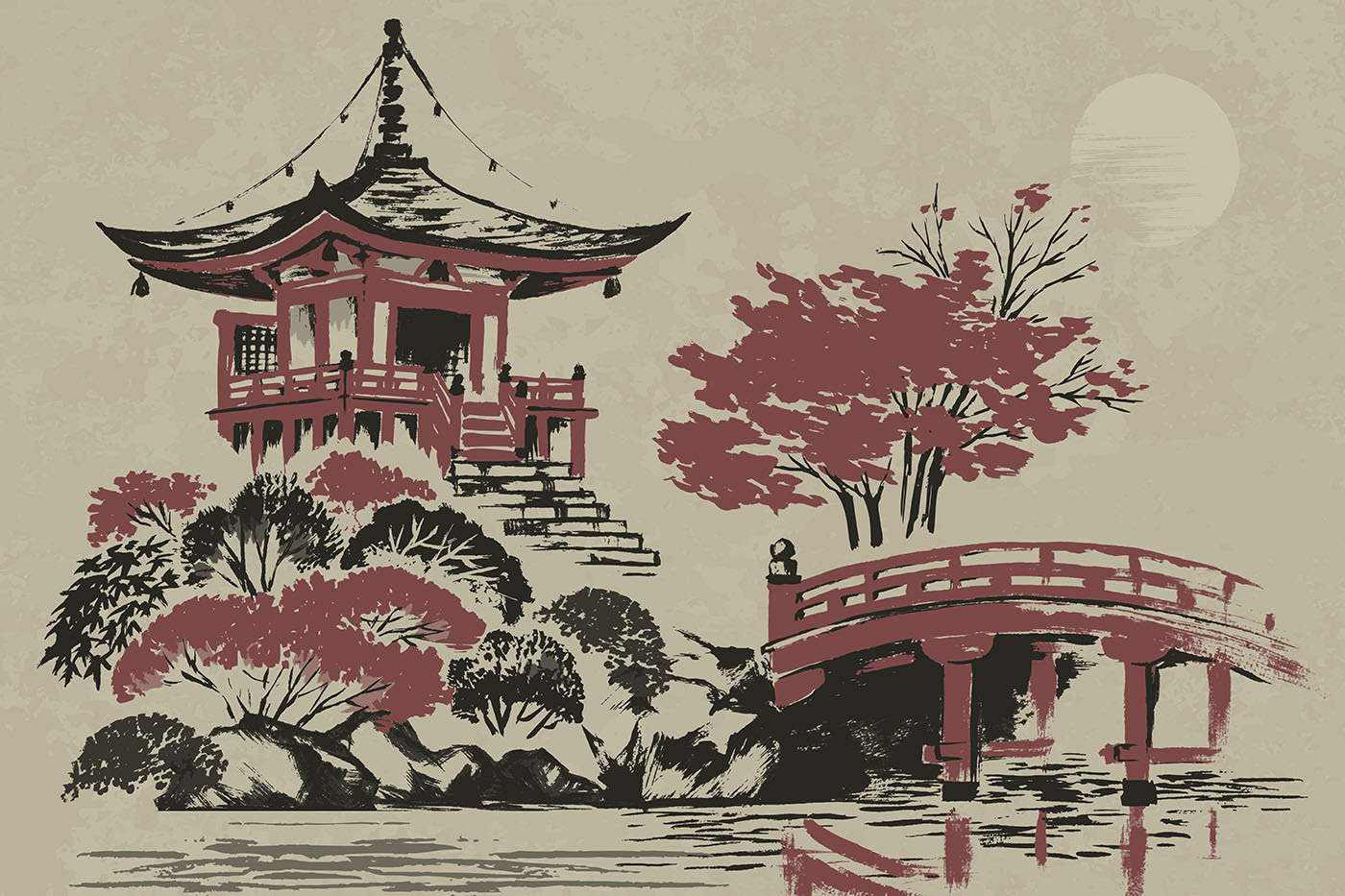 A painting of a pagoda and a bridge