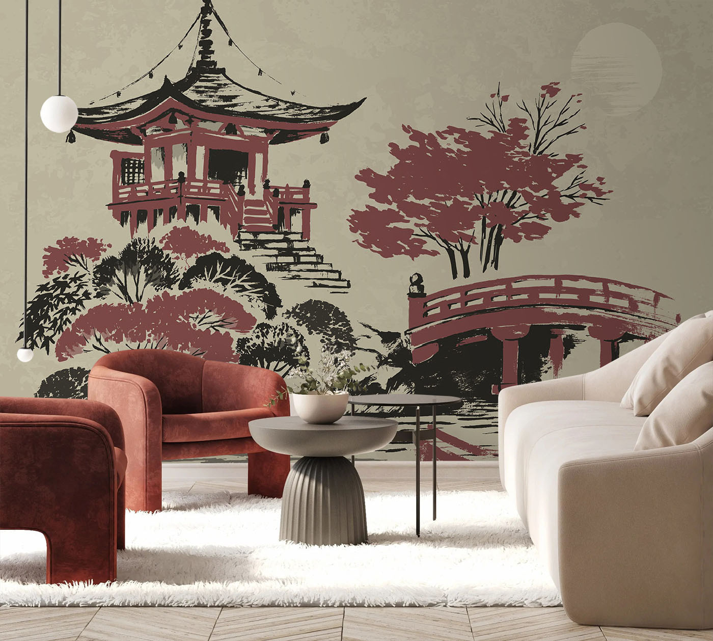 A painting of a pagoda and a bridge