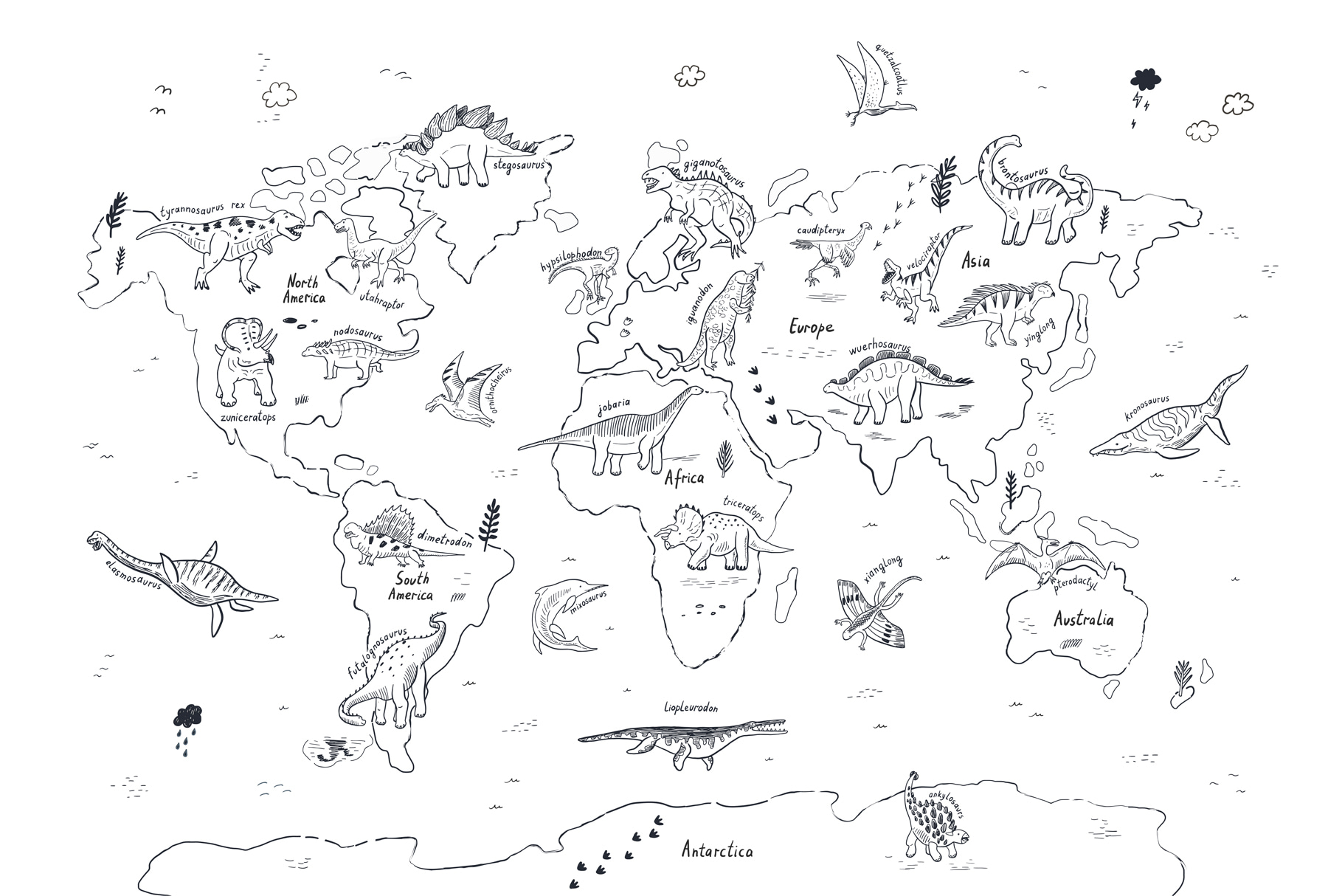 A map of the world with dinosaurs