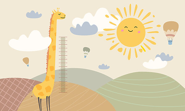 O girafă în picioare într-un câmp cu un soare și nori O girafă în picioare într-un câmp cu un soare și nori