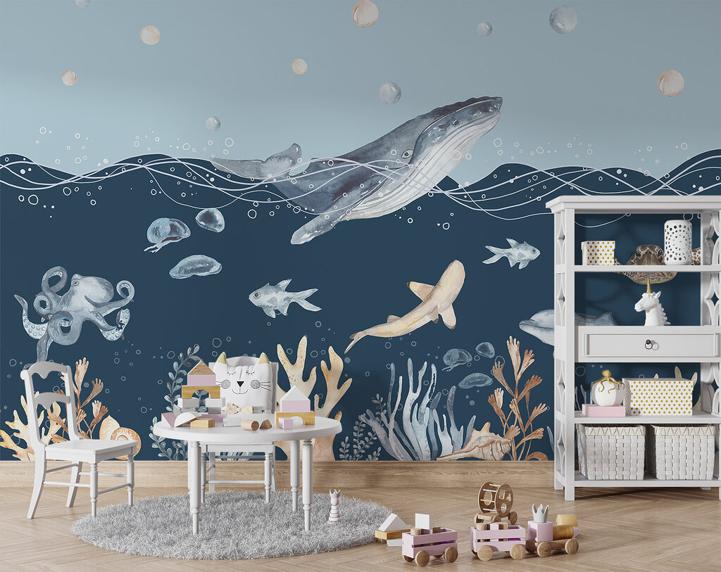 A watercolor of a whale and fish