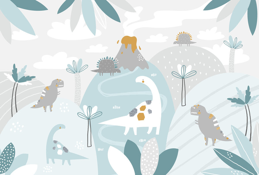 Fototapet Un dinozaur de desene animate cu un vulcan și plante - imagine 6