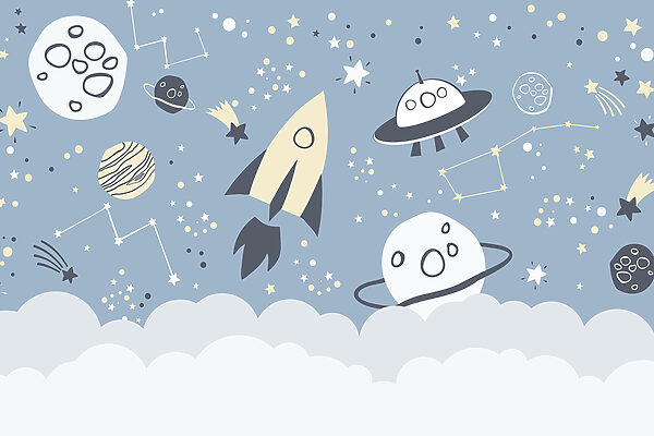 O scenă spațială de desene animate cu planete și stele O scenă spațială de desene animate cu planete și stele