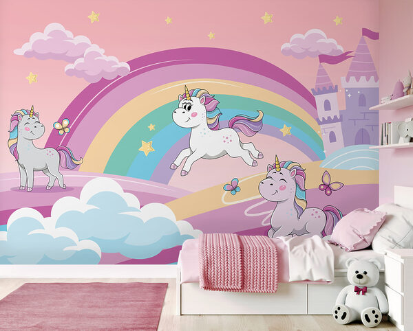 Un desen animat unicorni și un curcubeu Un desen animat unicorni și un curcubeu