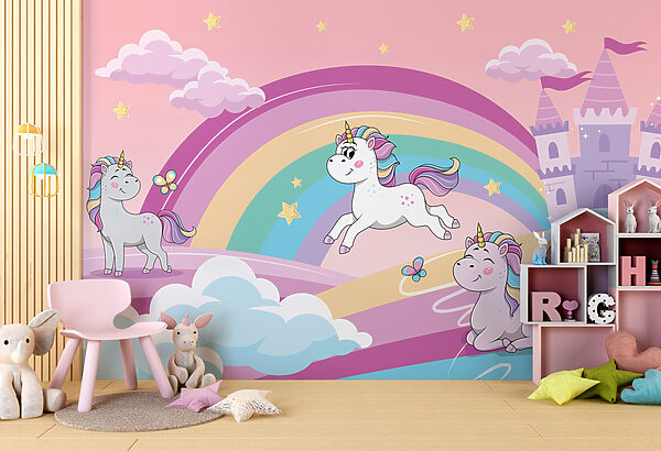 Un desen animat unicorni și un curcubeu Un desen animat unicorni și un curcubeu