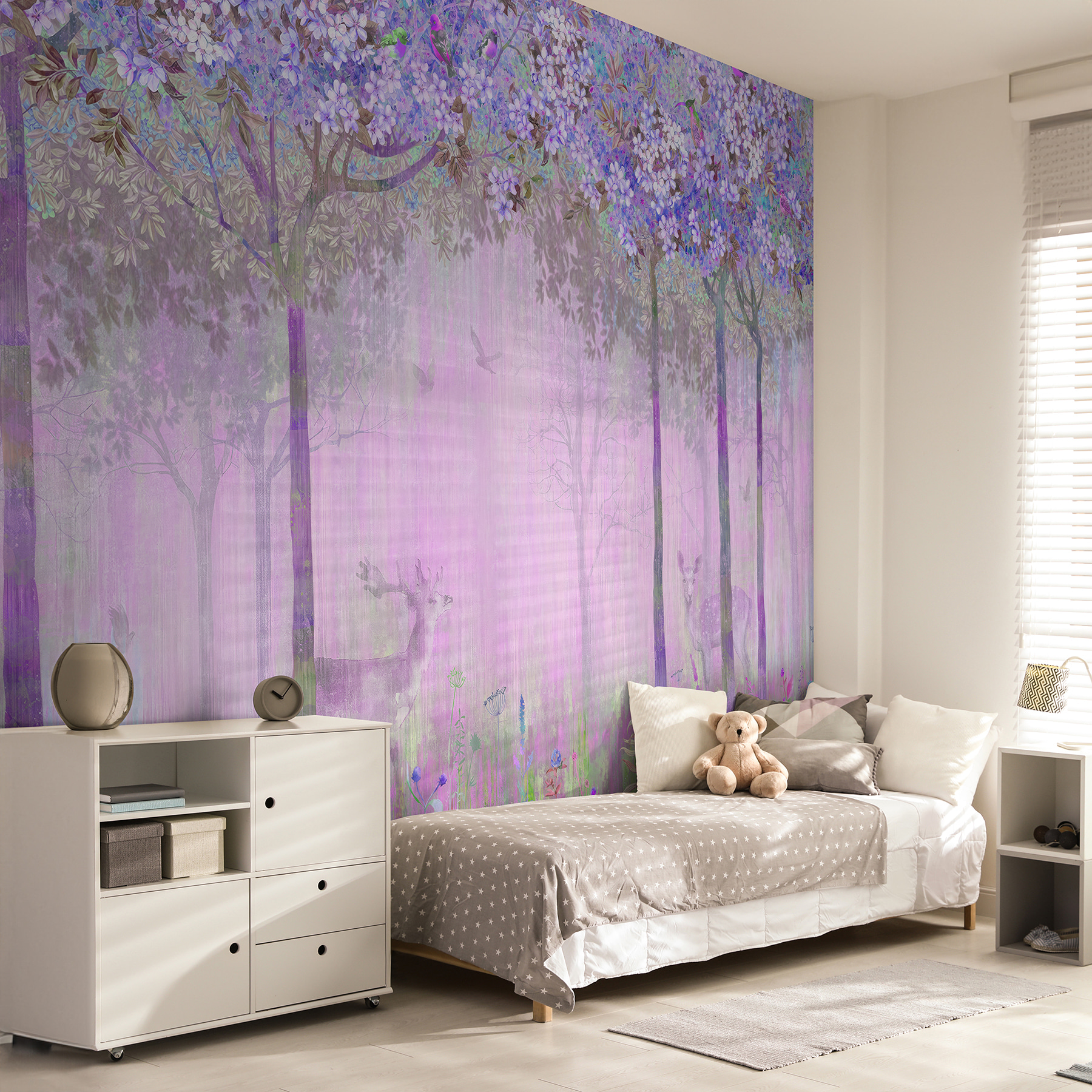 A painting of a forest with flowers