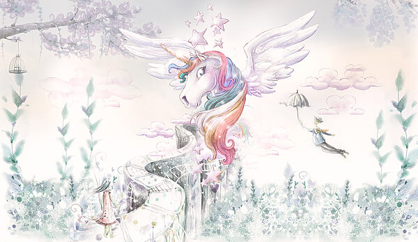 Un unicorn cu aripi și o persoană care zboară Un unicorn cu aripi și o persoană care zboară