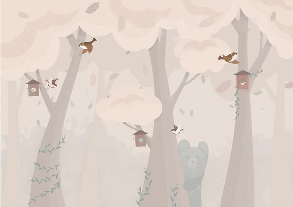 A cartoon of a bear and birds in a forest