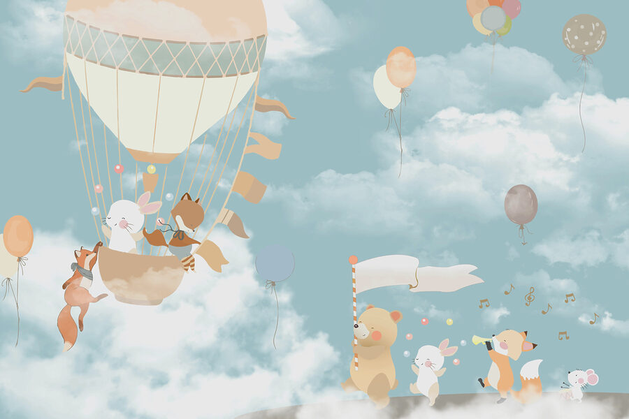Un desen animat de animale într-un balon cu aer cald