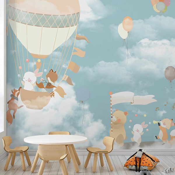 Un desen animat de animale într-un balon cu aer cald Un desen animat de animale într-un balon cu aer cald