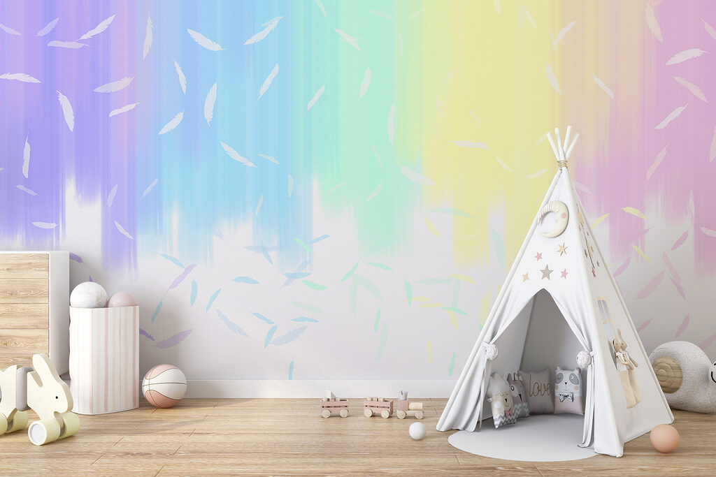 A rainbow colored background with white feathers falling