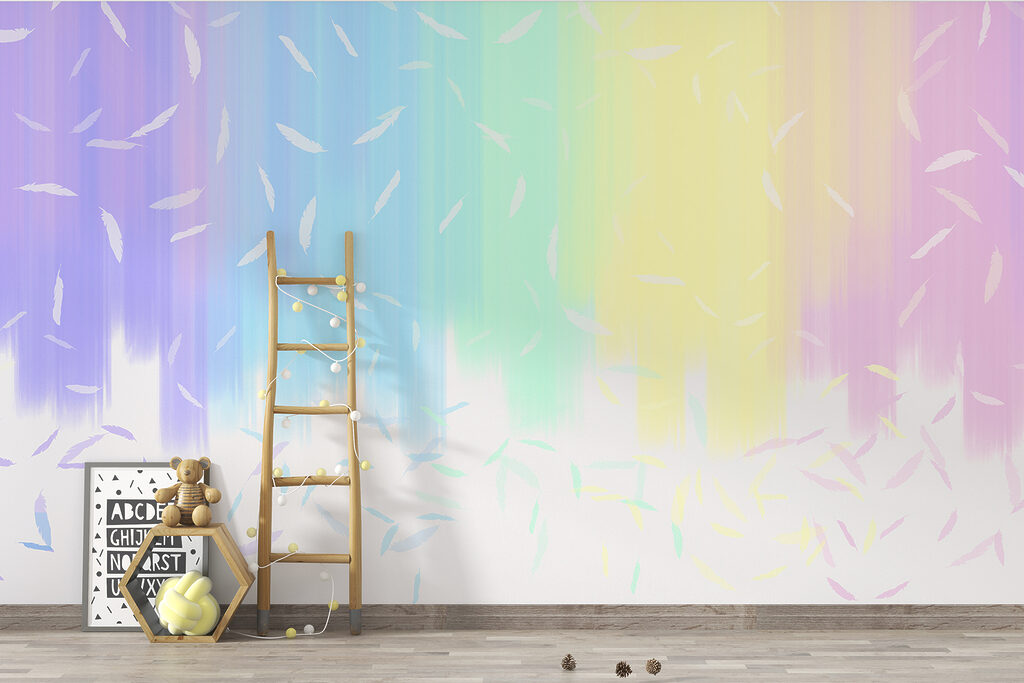 A rainbow colored background with white feathers falling