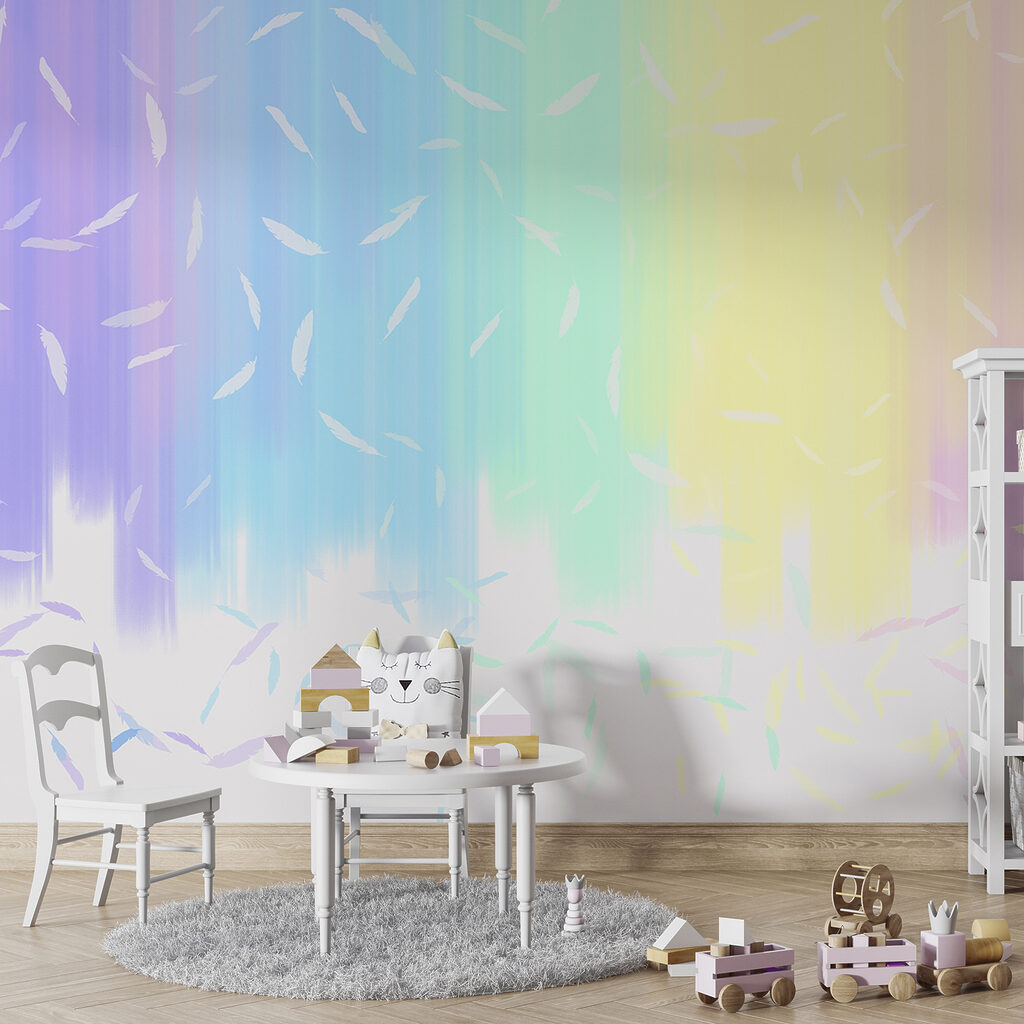A rainbow colored background with white feathers falling