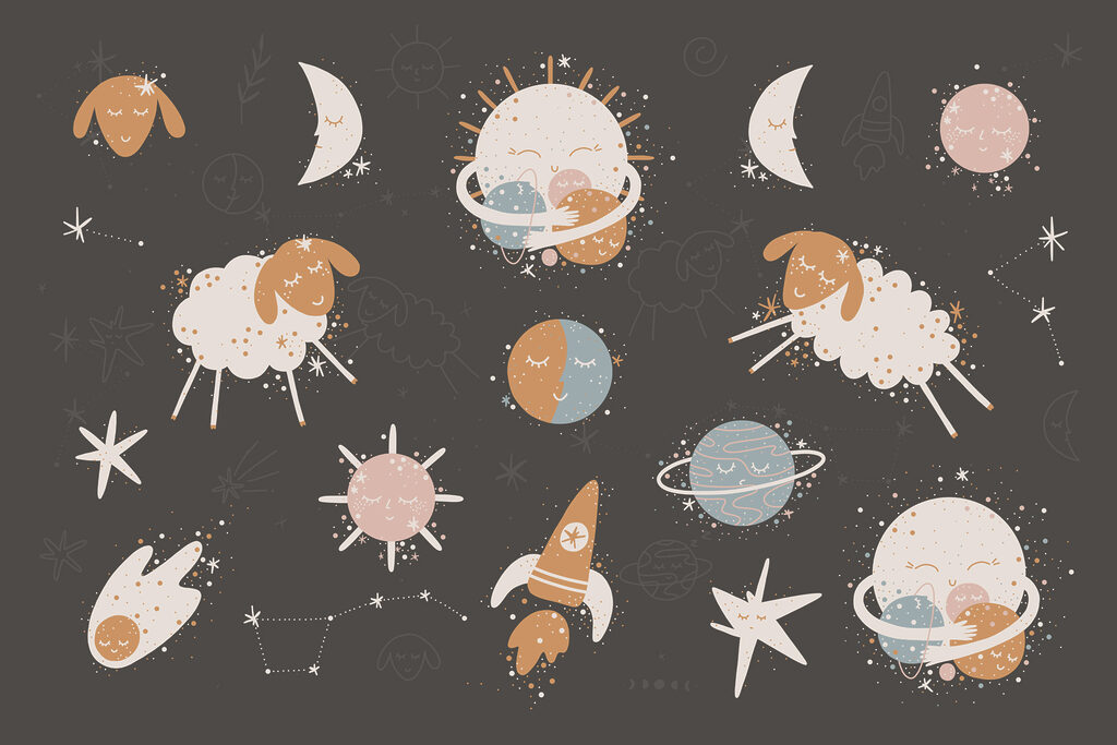 Un grup de imagini de desene animate cu planete și stele Un grup de imagini de desene animate cu planete și stele