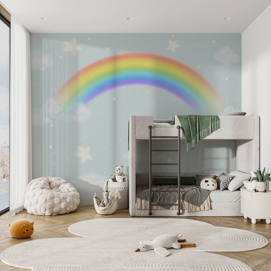 A rainbow and clouds in the sky