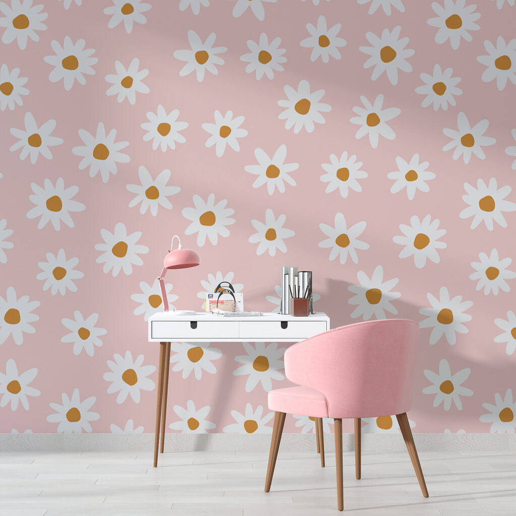 A pattern of white flowers on a pink background