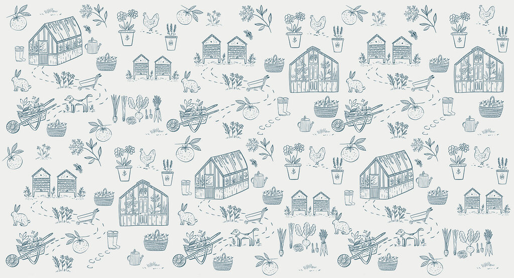 A pattern of gardening tools and plants