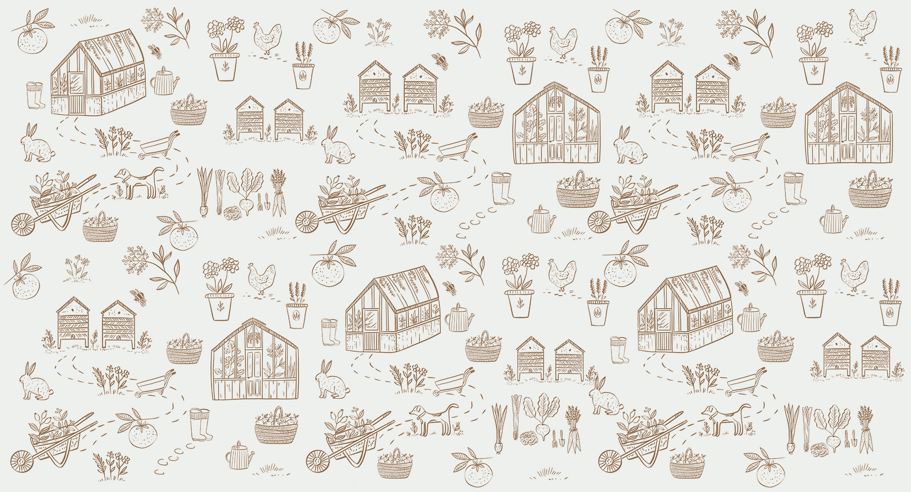 A pattern of gardening tools and plants