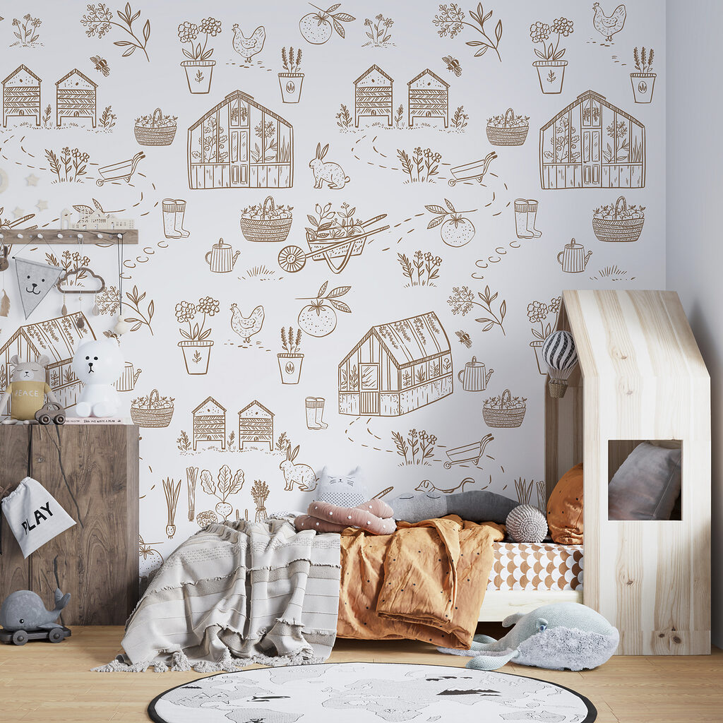 A pattern of gardening tools and plants