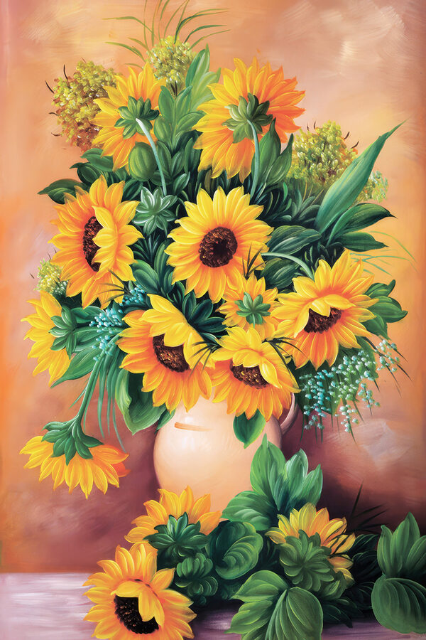 A painting of sunflowers in a vase