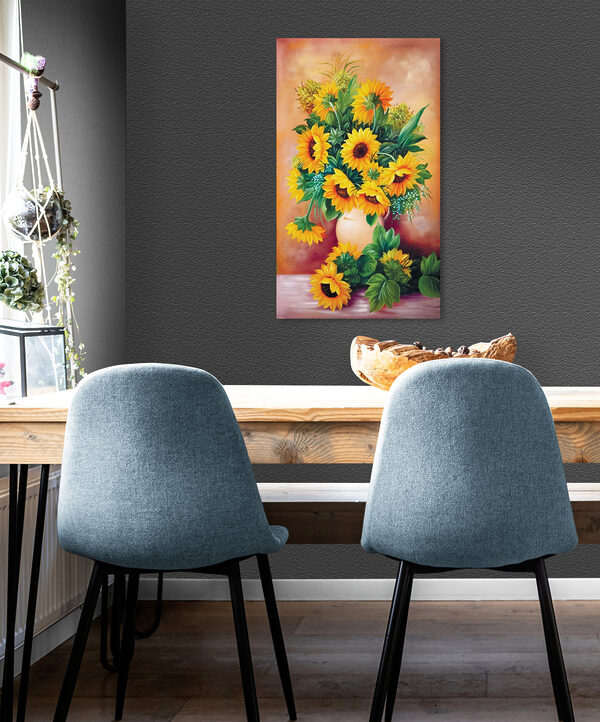 A painting of sunflowers in a vase