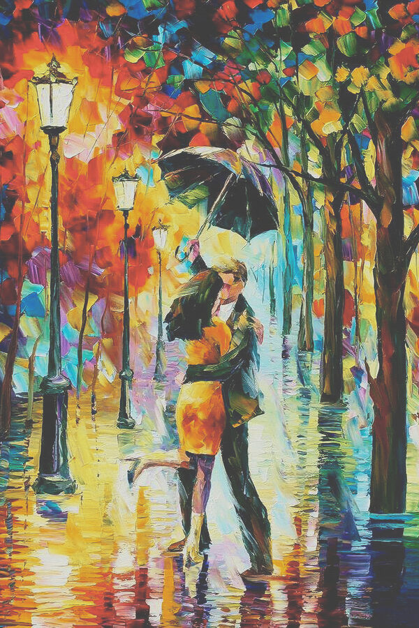 O pictură a unui cuplu care se sărută sub o umbrelă O pictură a unui cuplu care se sărută sub o umbrelă