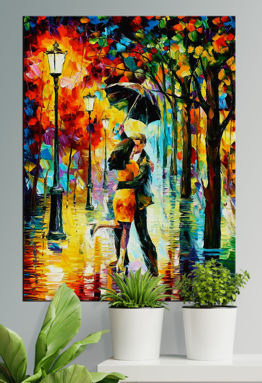 Tablouri O pictură a unui cuplu care se sărută sub o umbrelă