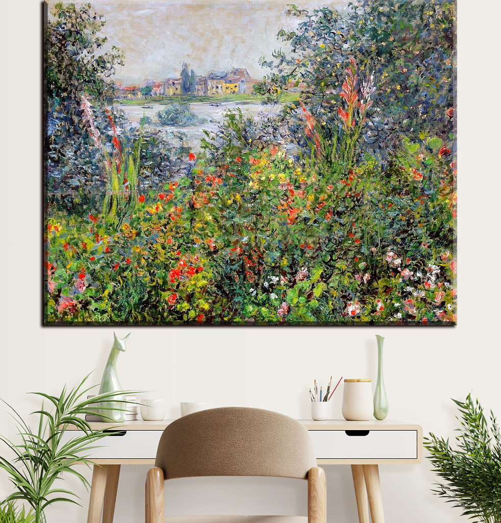 A painting of a garden with flowers and trees A painting of a garden with flowers and trees