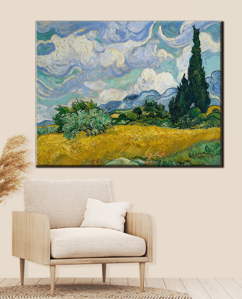 A painting of a landscape with trees and mountains